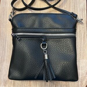 Black Crossbody, Faux Leather, Adj. Strap, Zip Top, Front & Inside Zip & Pocket
